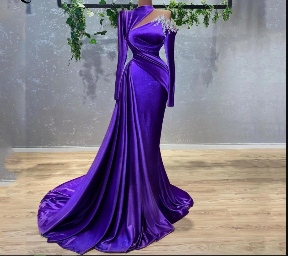 Purple Velvet Long Sleeve Evening Dress Arabic Style Cut Out Party Dress Women Dresses Y4933