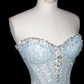 Glitter Blue Satin Sequin Beaded Mermaid Long Birthday Party Dress Prom Dresses SP1400