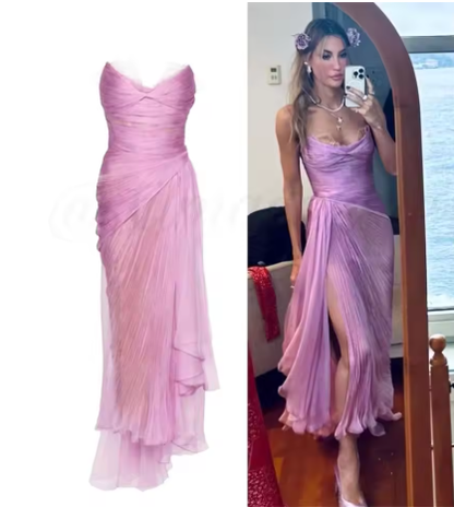 Pretty Strapless Lilac Tulle Pleated Slit Long Evening Dress Formal Wedding Guest Dress SP527