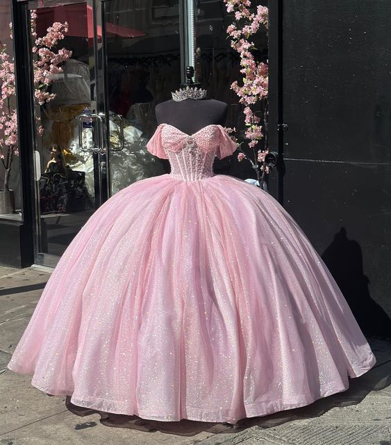 Glitter Off The Shoulder Pink Ball Gown,Pink Sweet 16 Dress,Pink Princ – Simplepromdress