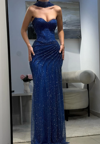 Elegant Strapless Sequin Mermaid Slit Party Dress Navy Blue Long Evening Gowns SP4198