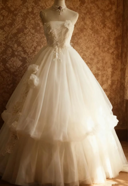 Sweet Strapless Tulle Beaded Appliques Double Layered White Long Wedding Dress SP1209