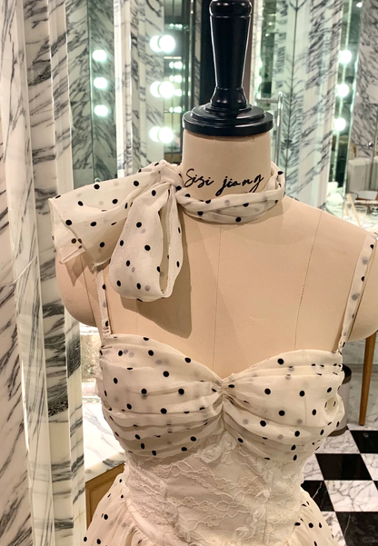Charming White Sweetheart Neck Polka Dot Chiffon Hi-Low Homecoming Dress Birthday Outfits SP2356