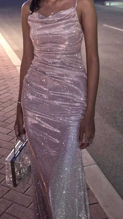 Shiny Pink Satin Sequin Mermaid Evening Dress,Spaghetti Straps Slit Long Wedding Guest Dress SP2434