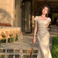 Elegant Square Neck Long Party Dress Beige Satin Mermiad Prom Evening Dress Y7576