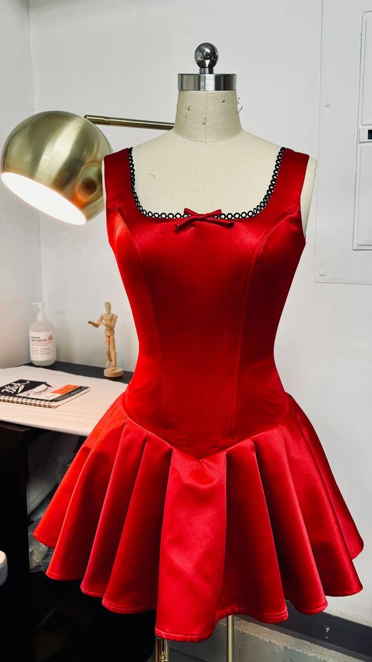Fashion Red Sleeveless Satin A Line Short Homecoming Dress Cocktail Dress SP2416