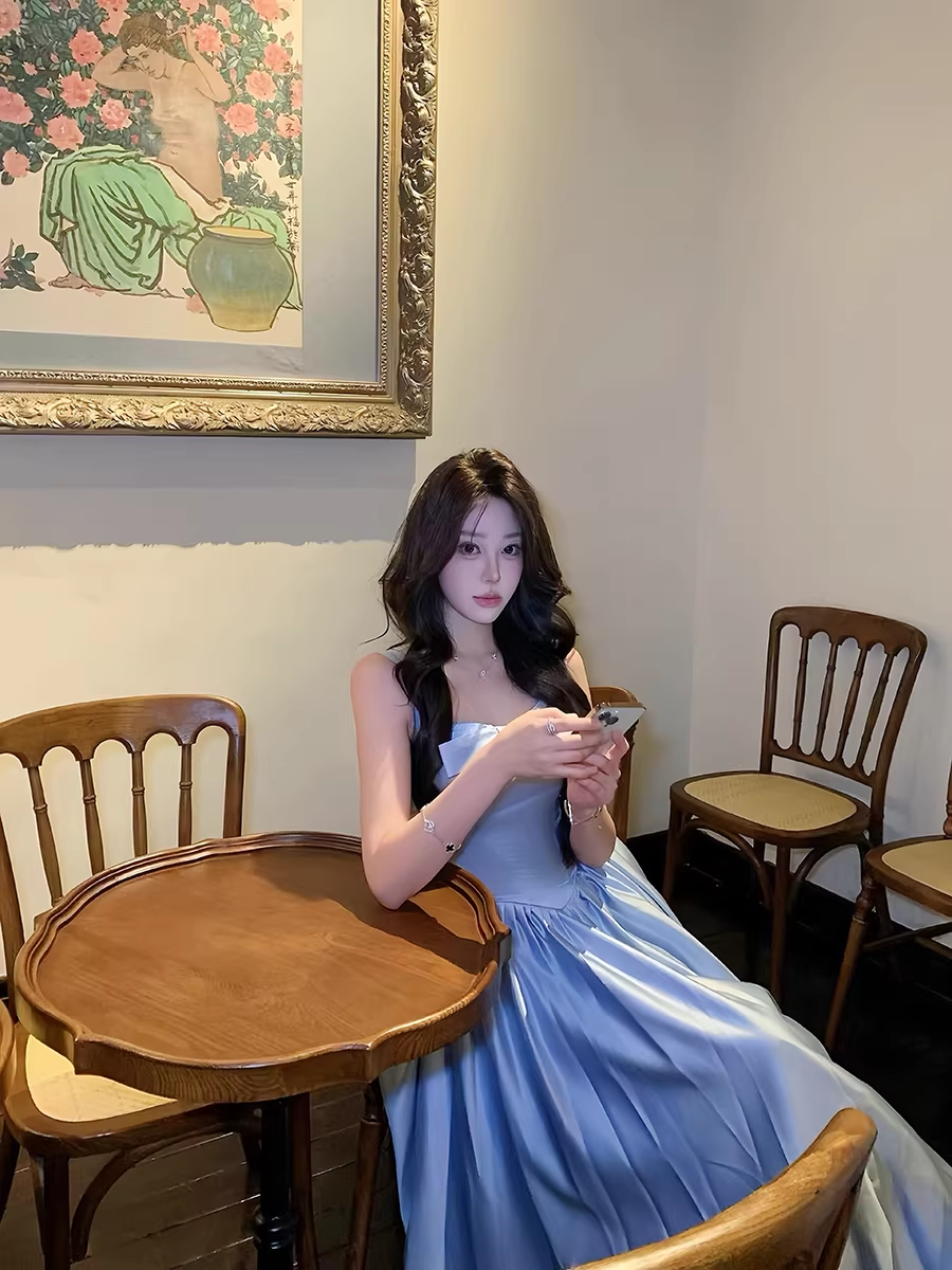 Cute Blue Bow Satin A Line Long Evening Dress Formal Evening Dress SP2028