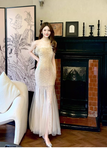 Sexy Feathers Strapless Sequin Tulle Mermaid Long Party Dress Formal 19th Birthday Outfits SP1991