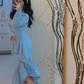 Mermaid Light Blue Women's Prom Dresses V Neck Long Sleeves Formal Occasion Dress Temperament Evening Dress Y4764