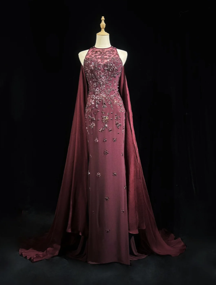Gorgeous Burgundy Sleeveless Chiffon Beaded Mermaid Long Evening Dress Backless Birthday Dress SP1786