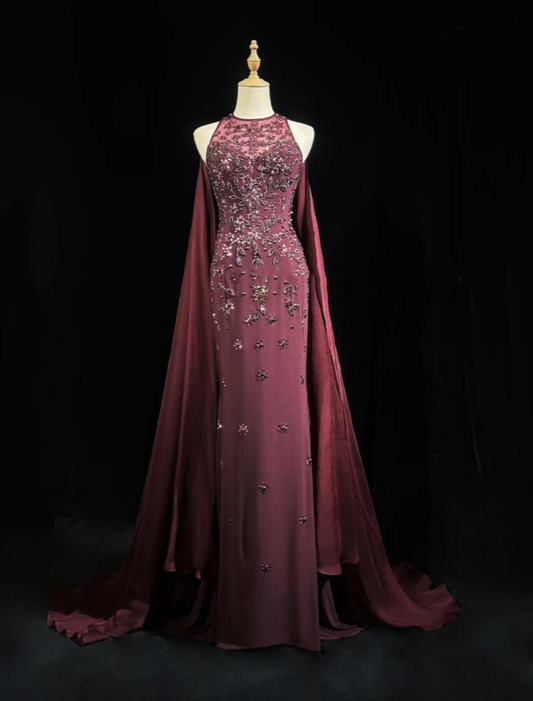 Gorgeous Burgundy Sleeveless Chiffon Beaded Mermaid Long Evening Dress Backless Birthday Dress SP1786