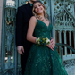 A Line V Neck Green Lace Long Prom Dresses, Green Lace Formal Dresses, Green Evening Dresses Y4079