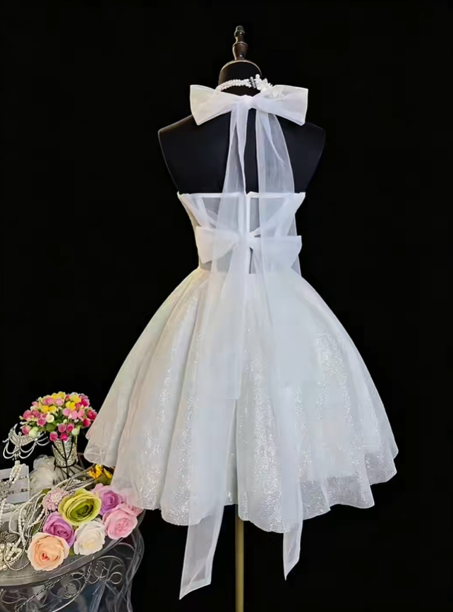 Shiny Bow Straps Sequin A Line Short Cocktail Dress White Short 6th Grade Homecoming Dress SP2371