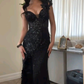 Gorgeous Tulle Sequin Feathers Mermaid Long Evening Dress Black Slit Birthday Prom Gowns SP1331