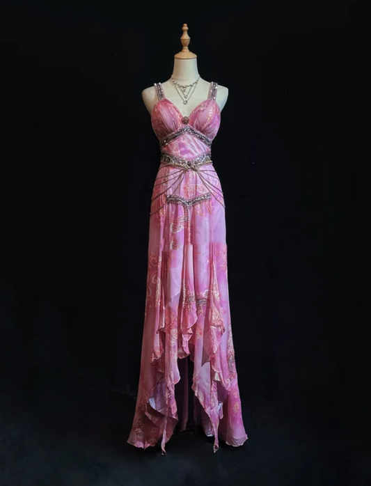 Glamorous Pink Spaghetti Straps Chiffon Floral Beaded Mermaid Evening Dress Long Party Dress SP1816