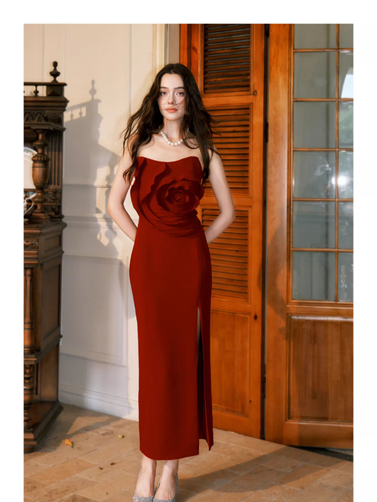 Unique Strapless Red Satin Sheath Slit Party Dress Long 18th Birthday Outfits SP1989