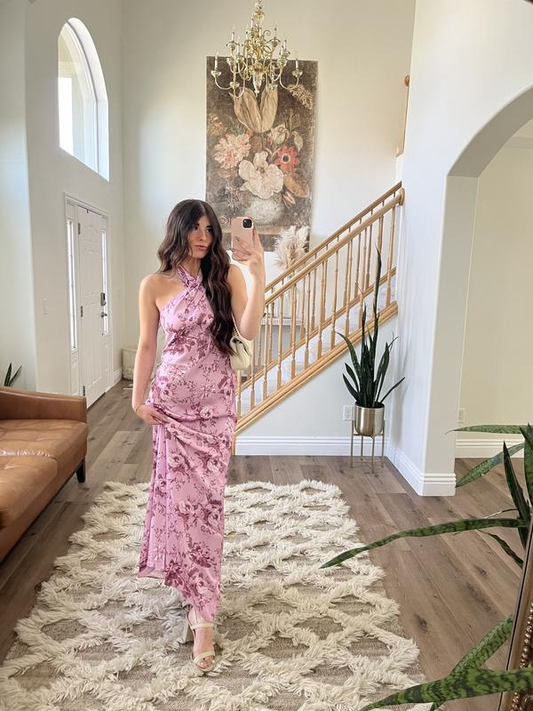 Elegant Halter Pink Satin Print Long Prom Dress Evening Dress Y8454