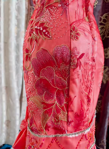 Vintage Spaghetti Straps Satin Embroidery Beaded Mermaid Evening Dress Pink Long Prom Gown SP2375
