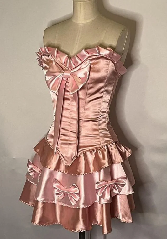 Stylish Strapless Satin Bow Birthday Dress Pink CocktailDress Homecoming Dress Y8861