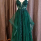 Hunter Green Flower Straps Deep V Neck Appliques Ruffles Long Prom Dress Y6810