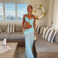 Sexy Spaghetti Straps Blue Chiffon Slit Mermaid Prom Dress Evening Gown SP709