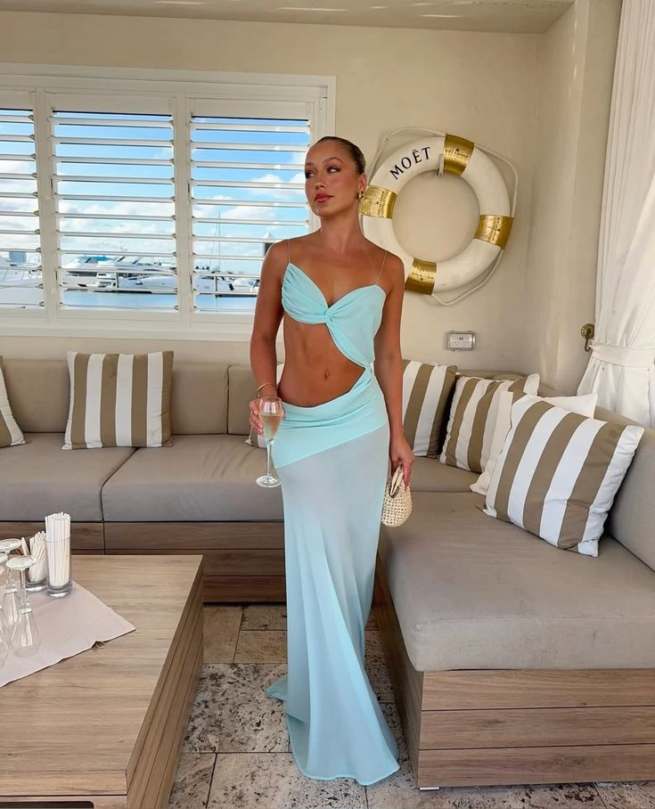 Sexy Spaghetti Straps Blue Chiffon Slit Mermaid Prom Dress Evening Gown SP709