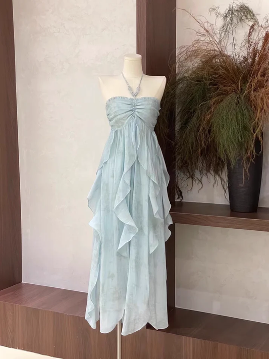Classy Blue Halter A Line Ruffled Floral Long Party Dress Women's  Vacation Dress Y9320