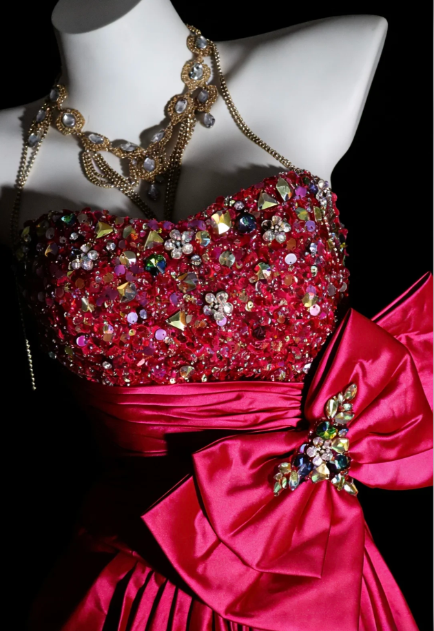 Fashion Hot Pink Satin Beaded Mermaid Long Evening Dress Formal Wedding Guest Dress With Bow SP1844