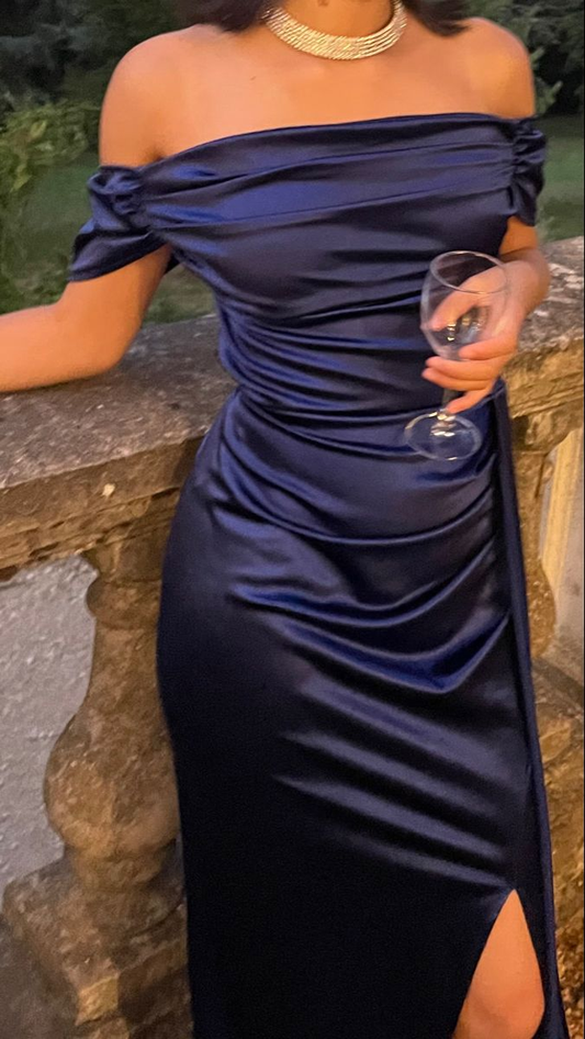 Pretty Off The Shoulder Navy Blue Satin Slit Mermaid Birthday Party Gown Formal Wedding Guest Dress SP770