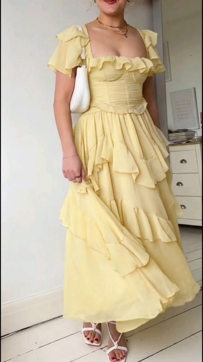 Elegant Lilac Square Chiffon Ruffled A Line Long Party Dress Birthday Dress SP2314