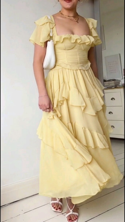 Elegant Lilac Square Chiffon Ruffled A Line Long Party Dress Birthday Dress SP2314