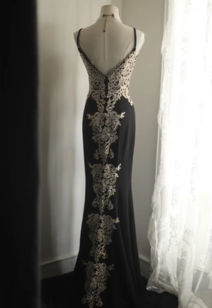Fashion Spaghetti Straps Black Appliques Beaded Mermaid Long Wedding Guest Dress Party Dress SP1257