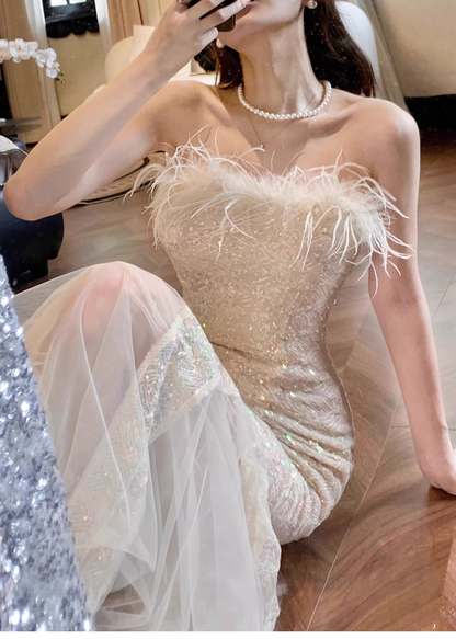 Sexy Feathers Strapless Sequin Tulle Mermaid Long Party Dress Formal 19th Birthday Outfits SP1991