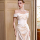 Pretty Off The Shoulder Satin Pleated Mermaid Long Wedding Dress SP2020
