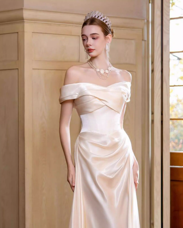 Pretty Off The Shoulder Satin Pleated Mermaid Long Wedding Dress SP2020