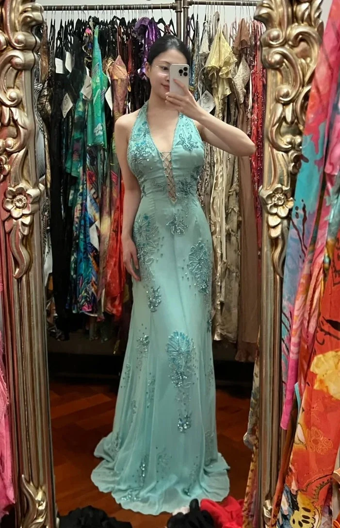 Elegant Green Party Dress Halter Chiffon Beaded Mermaid Long Evening Dress SP3871
