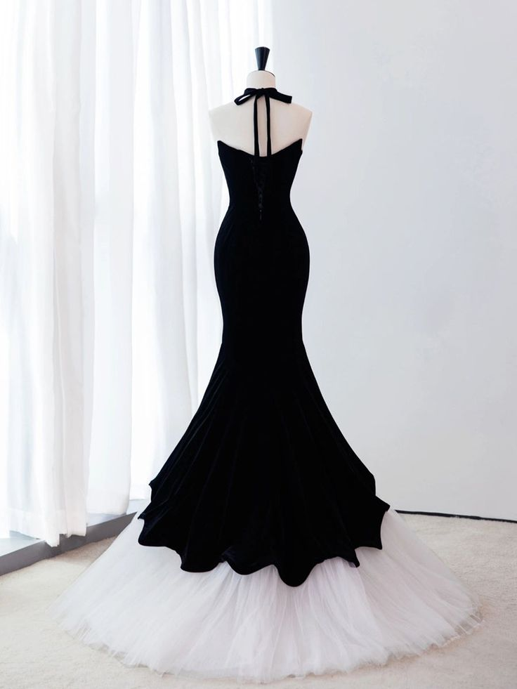 Black Mermaid Velvet Tulle Long Prom Dress, Evening Dress Y4678