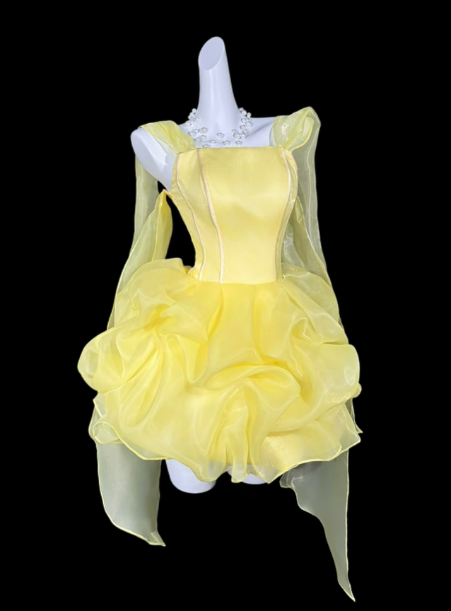 Beautiful Yellow Satin Tulle Pleated A Line Short Homecoming Dress Birthday Dress SP3512