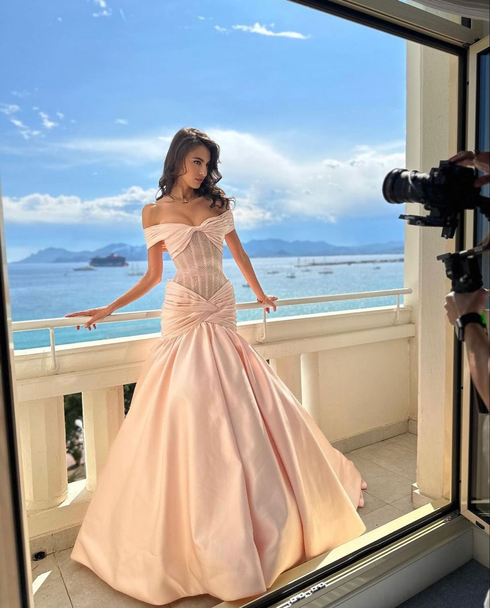 Elegant Pink Satin Beaded Mermaid Long Party Dress,Off The Shoulder Birthday Prom Gown SP2559