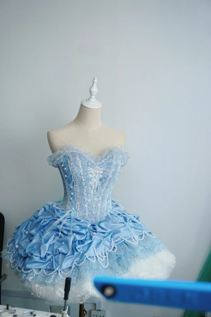 Charming Blue Strapless Satin Lace Sequin A Line Short Homecoming Dress Birthday Dress SP4217