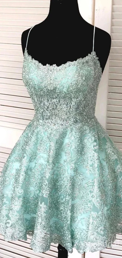 Classy Mint Green Satin Lace Short Graduation Homecoming Dress,Spaghetti Straps A Line Backless Mini Birthday Dress SP3363