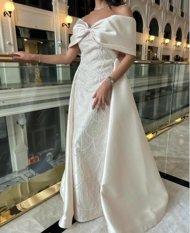 Elegant Ivory Bow Off The Shoulder Satin Sequin Beaded Long Evening Dress Prom Gown SP731