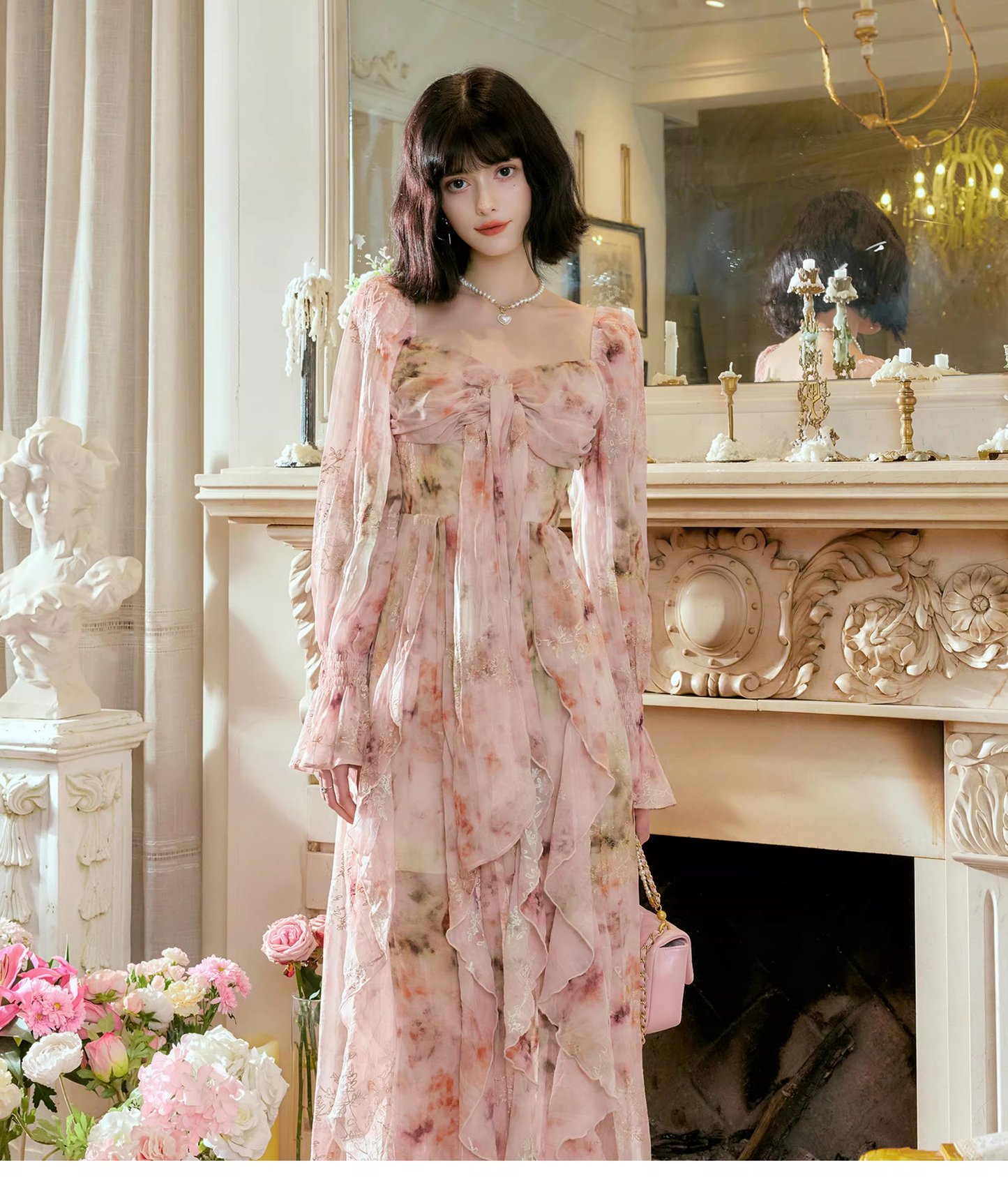 Glamorous Pink Chiffon Print Floral Long Birthday Party Dress Prom Gowns SP2010