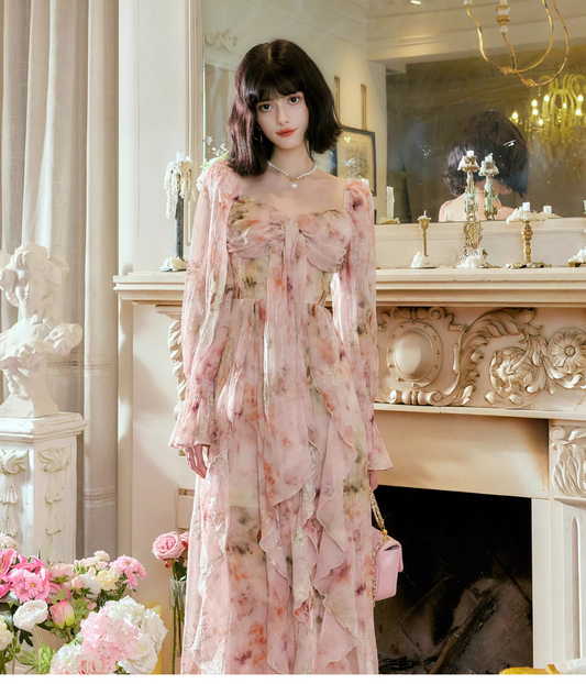 Glamorous Pink Chiffon Print Floral Long Birthday Party Dress Prom Gowns SP2010