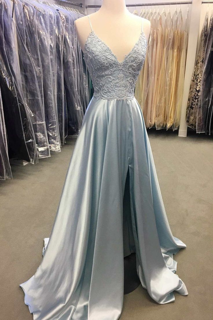 Light Blue Lace Lace-Up Back A-Line Prom Dress with Slit Y7424