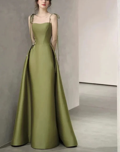 Spaghetti Straps Satin Prom Dress A-line Simple Floor Length Evening Gown Y7011