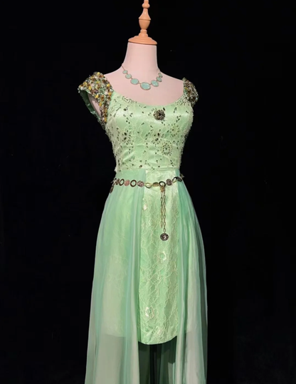 Charming Mint Green Sleeveless Lace Chiffon Beaded Long Birthday Prom Dress Evening Gown SP1441