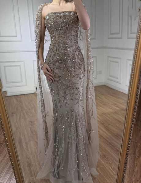 Gorgeous Strapless Gray Tulle Beaded Mermaid Long Party Dress Prom Gown SP1348