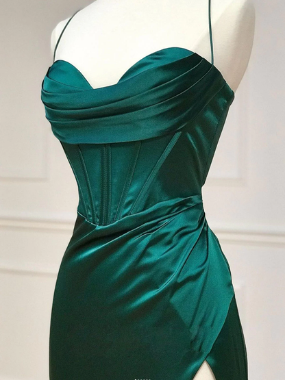 Green Sweetheart Neck Satin Long Prom Dress, Green Evening Dresses Y4395
