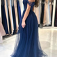 Elegant Long Navy Blue Off-the-shoulder A-line Sleeveless Prom Dress Y6767